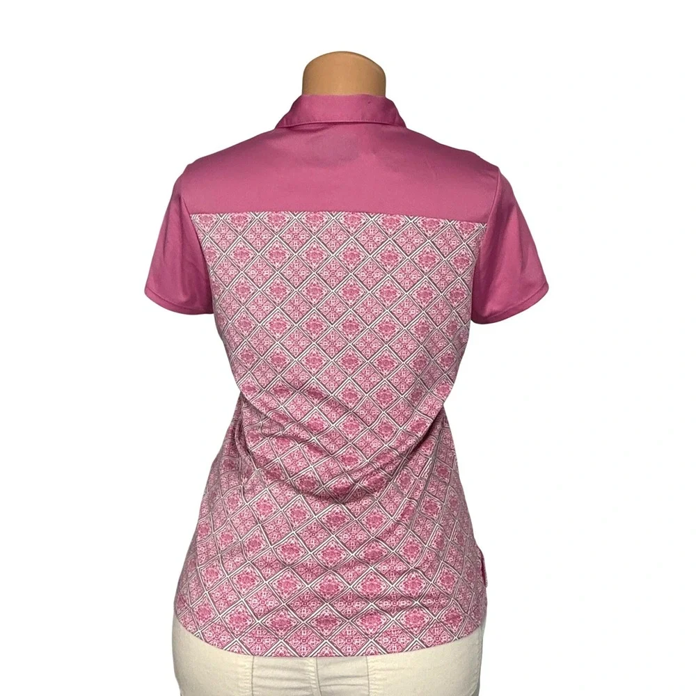 PGA Tour Womens Pink Geometric Tile Print Quarter‎ Zip Golf Polo Shirt Size M
